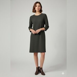 EILEEN FISHER Dark Olive Textured 3/4 Sleeve Dress Womens M Office Classic
